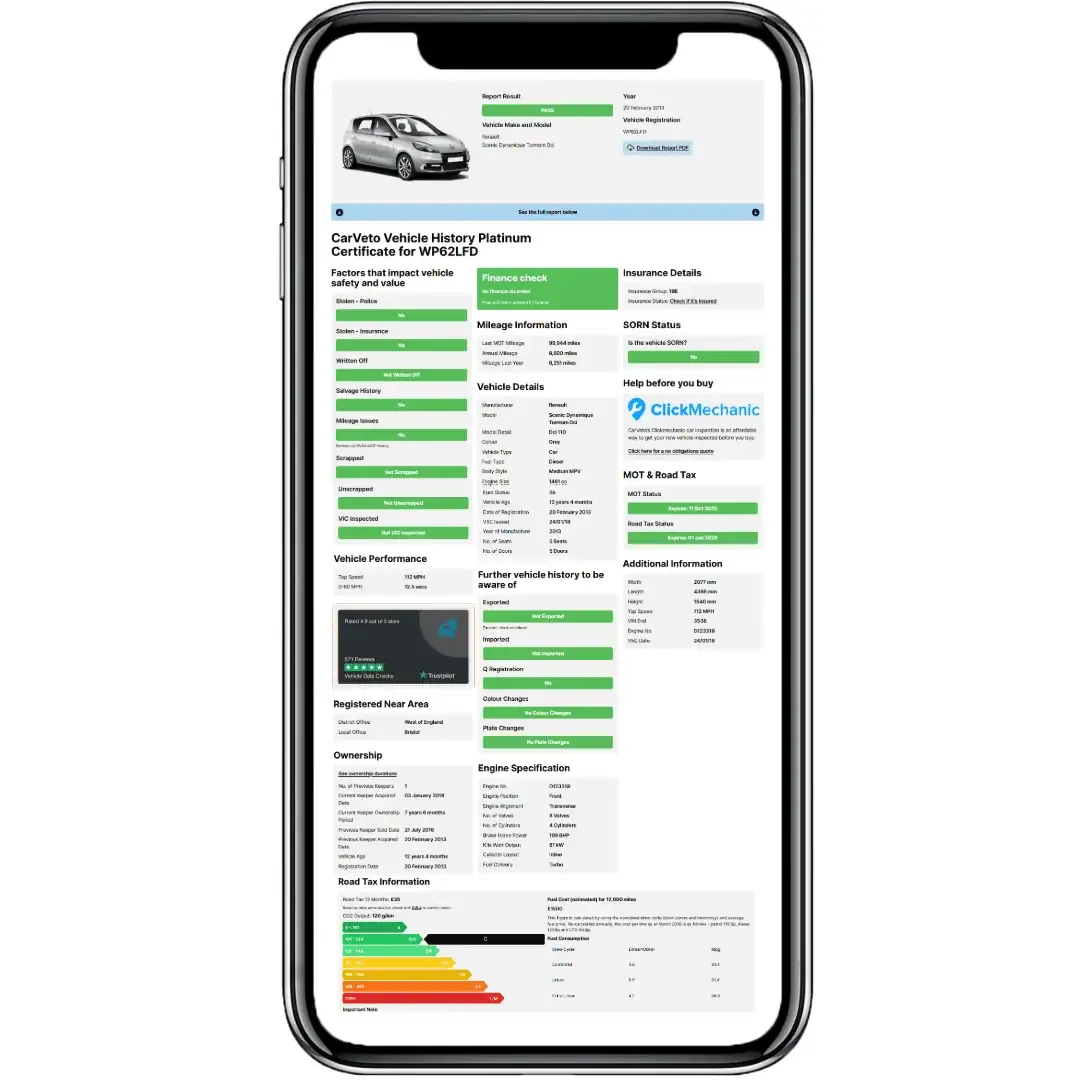 Premium used car history report showing mileage and accident records